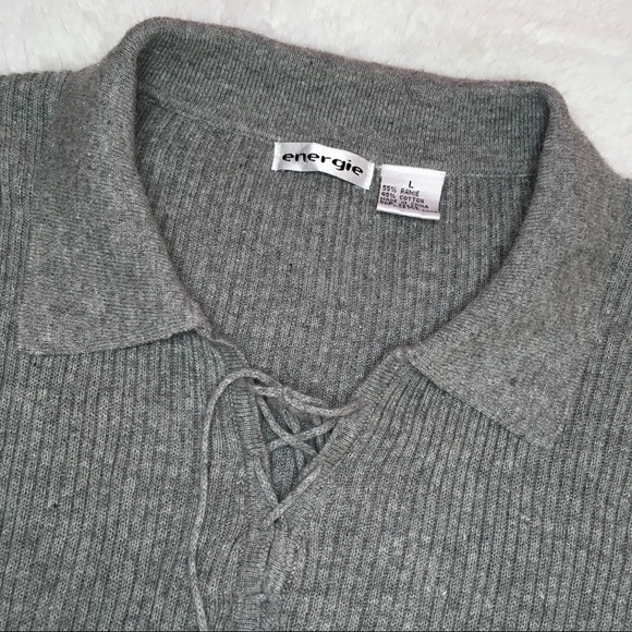 90s Y2K Vintage Energie Grey Ribbed Tie Front Extra Long Sleeve Sweater Top - Picture 3 of 3